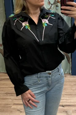 Blouse Pink Flower Black - Turquoise by Daan