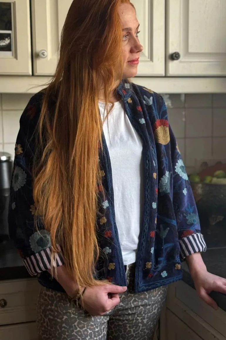 Jacket Velvet Embroidery Blue - ToutVintage