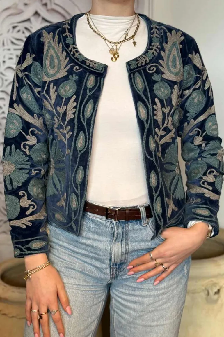 Jacket Velvet Embroidery Ronde Hals - ToutVintage
