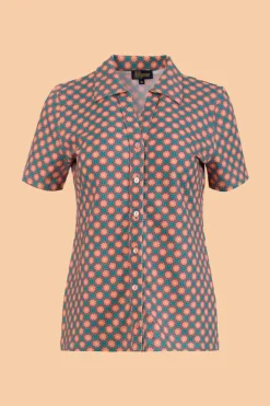 Lena Blouse Short Sleeve Vintage Coral Flower - LaLamour