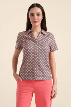 Lena Blouse Short Sleeve Vintage Coral Flower - LaLamour