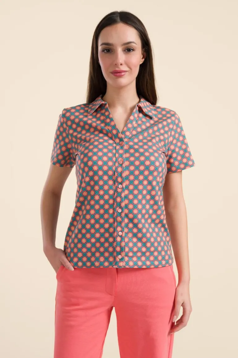 Lena Blouse Short Sleeve Vintage Coral Flower - LaLamour