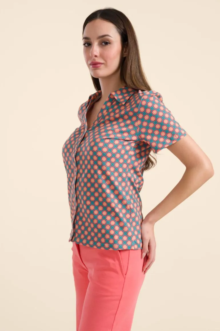 Lena Blouse Short Sleeve Vintage Coral Flower - LaLamour