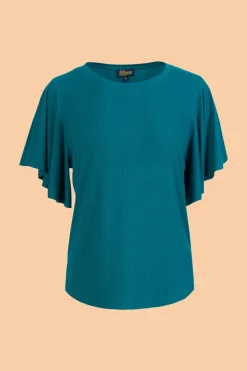 Sophie Top Short Butterfly Sleeve Rib Petrol Blue - LaLamour