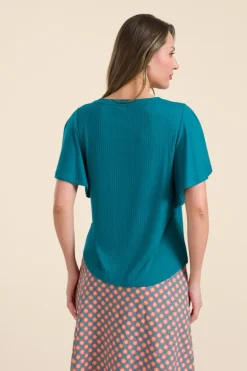 Sophie Top Short Butterfly Sleeve Rib Petrol Blue - LaLamour