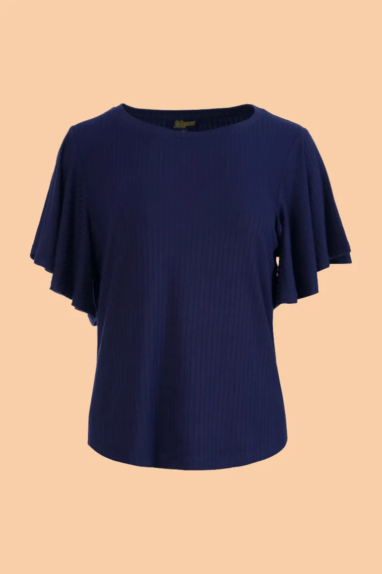 Sophie Top Short Butterfly Sleeve Rib Navy - LaLamour